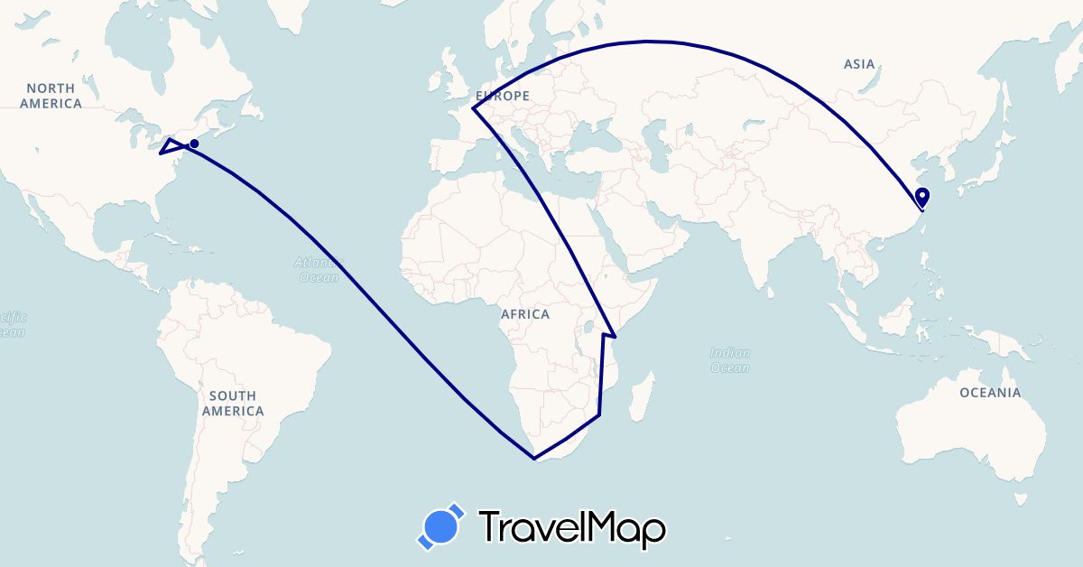 TravelMap itinerary: driving in China, France, Kenya, Mozambique, Tanzania, United States, South Africa (Africa, Asia, Europe, North America)